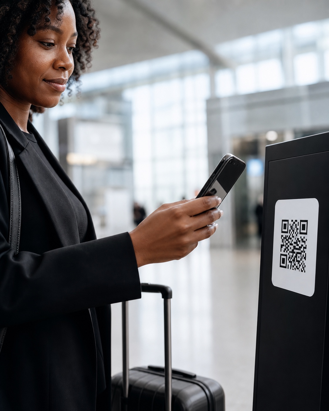 空港でスマートフォンをかざしてQRコードをスキャンする外国人旅行者