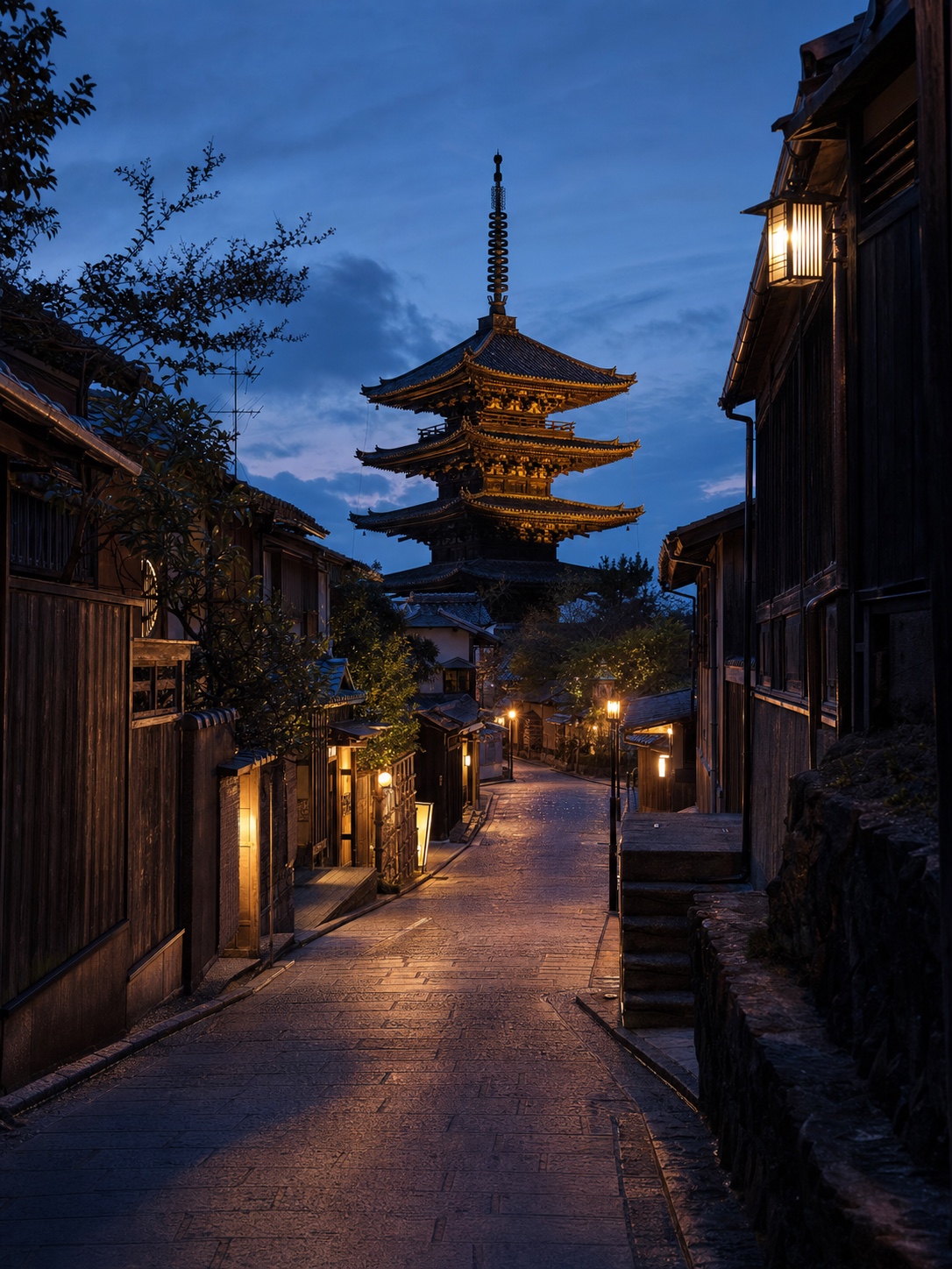 夕暮れの京都・八坂の塔と石畳の街並み