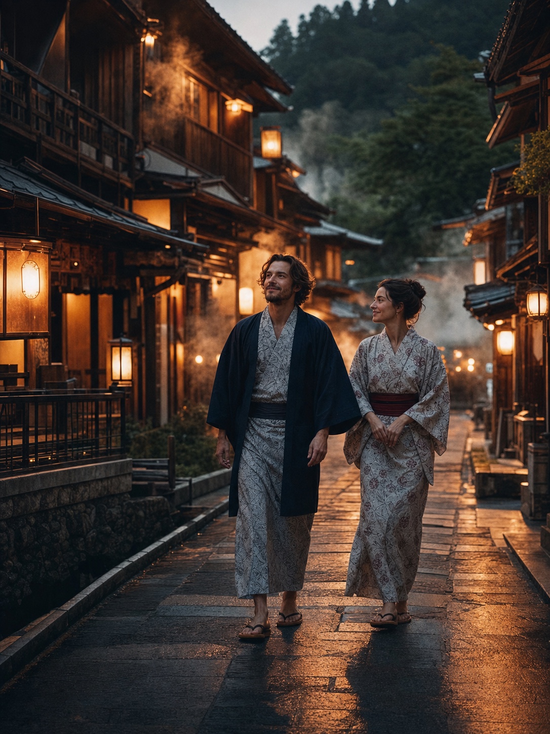 夕暮れの温泉街を浴衣で散策する旅行者
