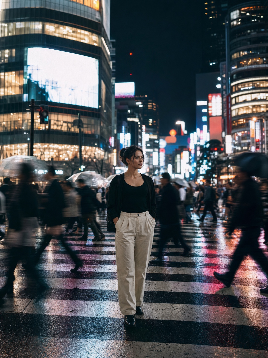 夜の東京・渋谷スクランブル交差点のネオン
