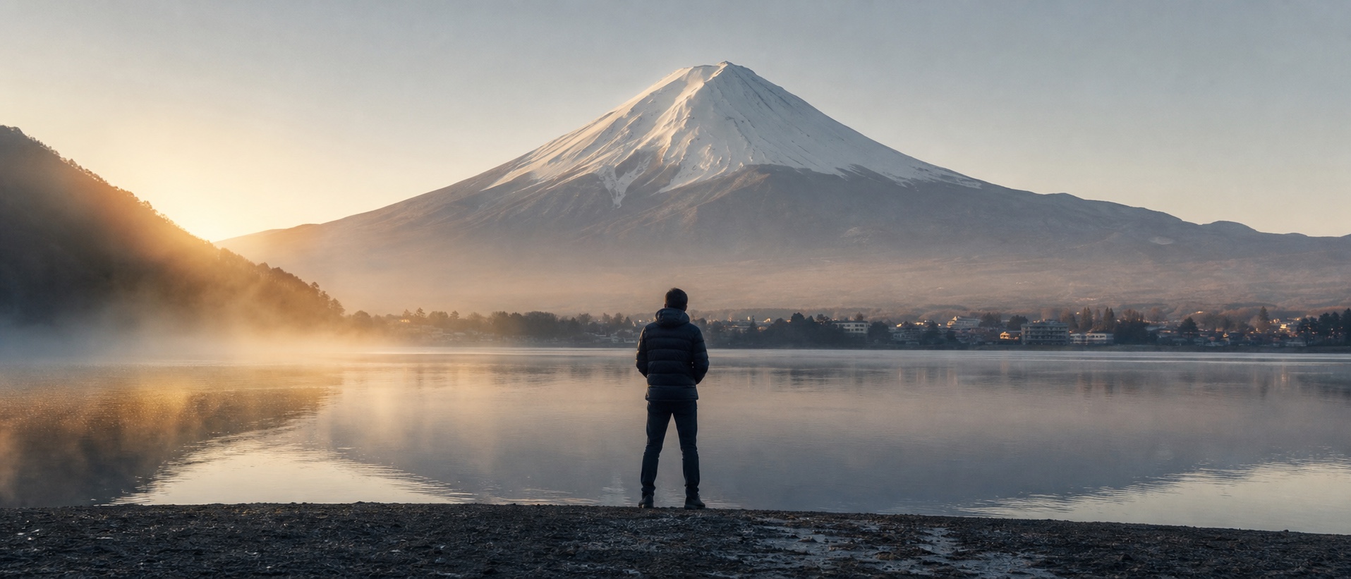 夜明けの富士山を望む湖畔を、手ぶらで歩く旅行者