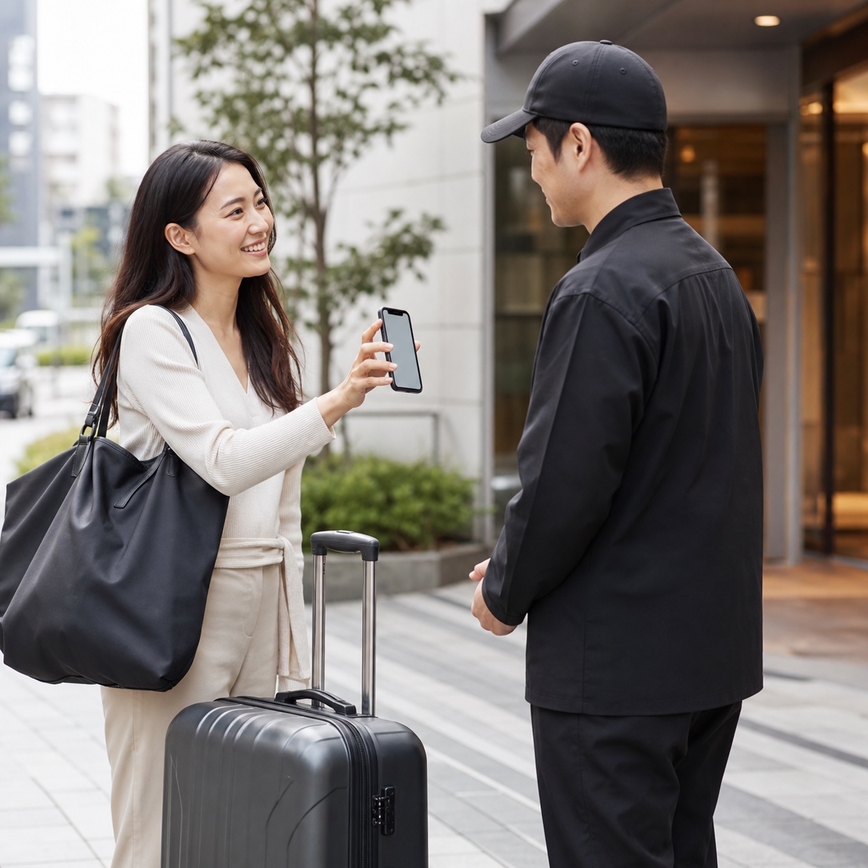 認証確認をしてドライバーにスーツケースを渡す旅行者