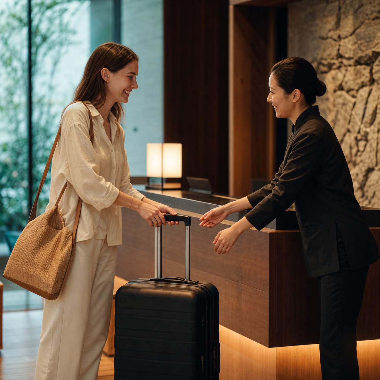 ホテルのフロントで笑顔で荷物を受け取る旅行者