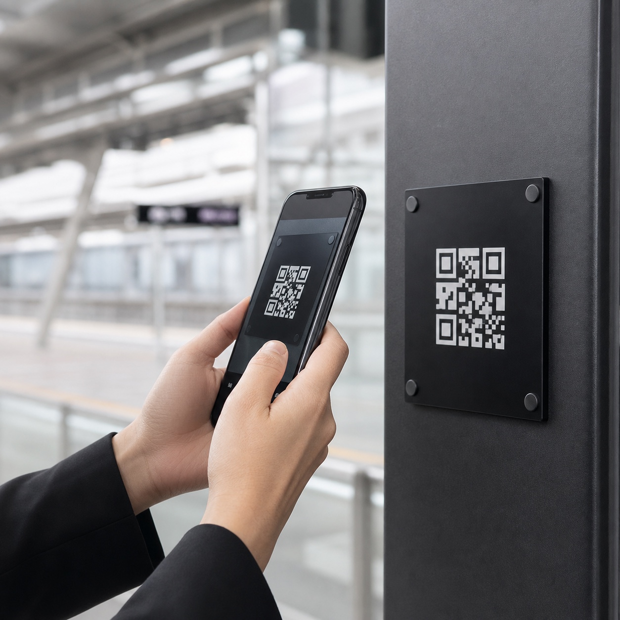 街角のBagHop QRコードをスマートフォンで読み取る旅行者